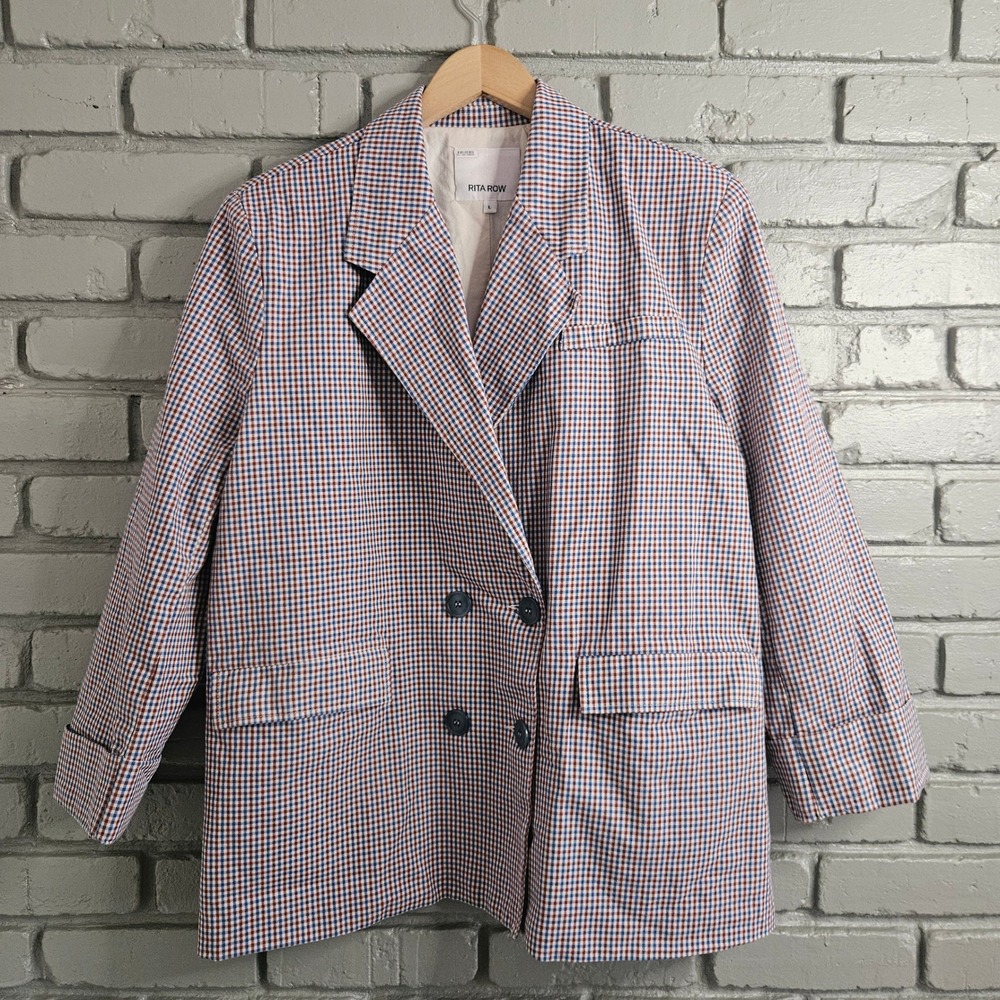 Rita Row Camelia Gingham Double Breasted Cotton Blazer Blue Red White Large